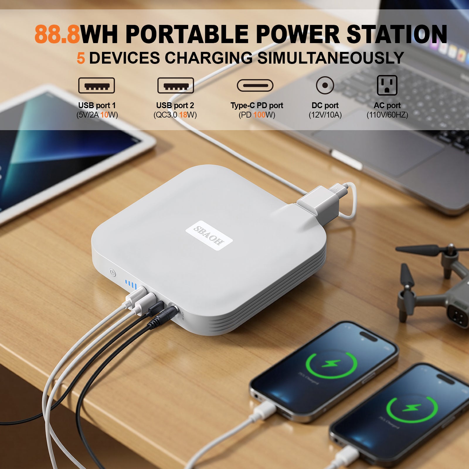Portable Power Station,100W 88.8Wh 24000mAh Powerbank Portable Emergency Backup Power Supply ,No Solar Panel - POWERGO
