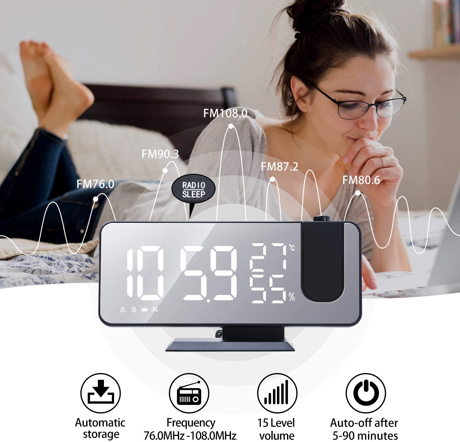LED projection alarm clock with radio, displaying time and temperature, used by a woman on a bed.
