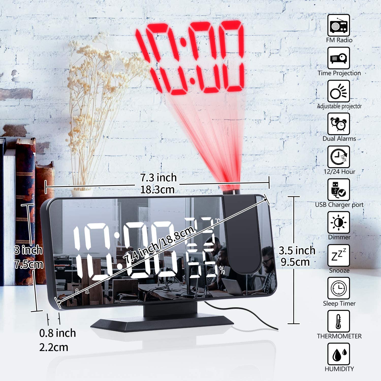 LED projection digital alarm clock with time display, FM radio, USB charger, and adjustable projection features.