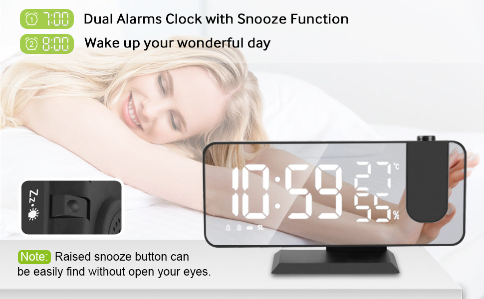 LED dual alarm clock with snooze function, clear time display, perfect for waking up refreshed.