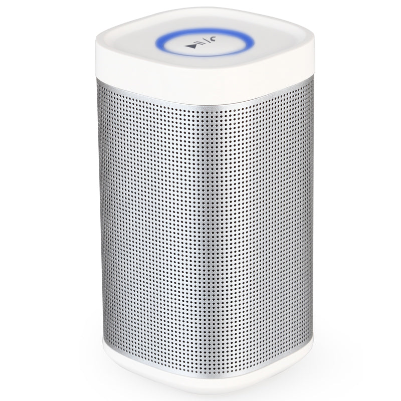 White wireless portable 360° Bluetooth speaker with rugged design and playback controls on top.