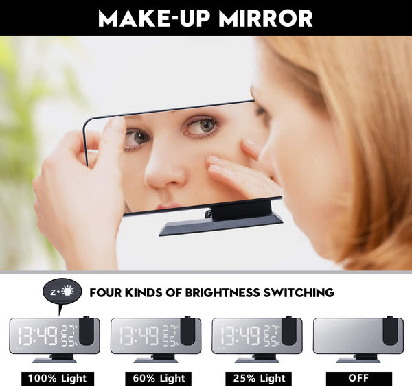 Mirror with time display for make-up; features four brightness settings for optimal lighting.