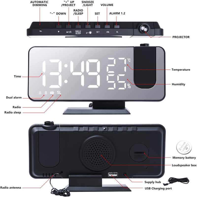 LED projection alarm clock with dual alarm, radio, temperature, humidity display, and USB charging ports.
