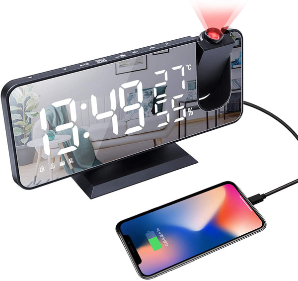 LED projection digital alarm clock with phone charging capability and clear time display.