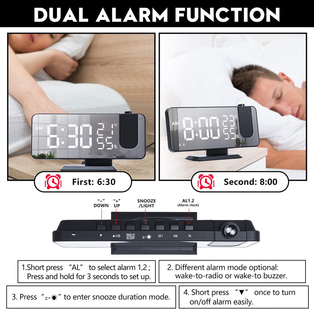 LED projection alarm clock showing dual alarm function with wake-up times set for 6:30 and 8:00.