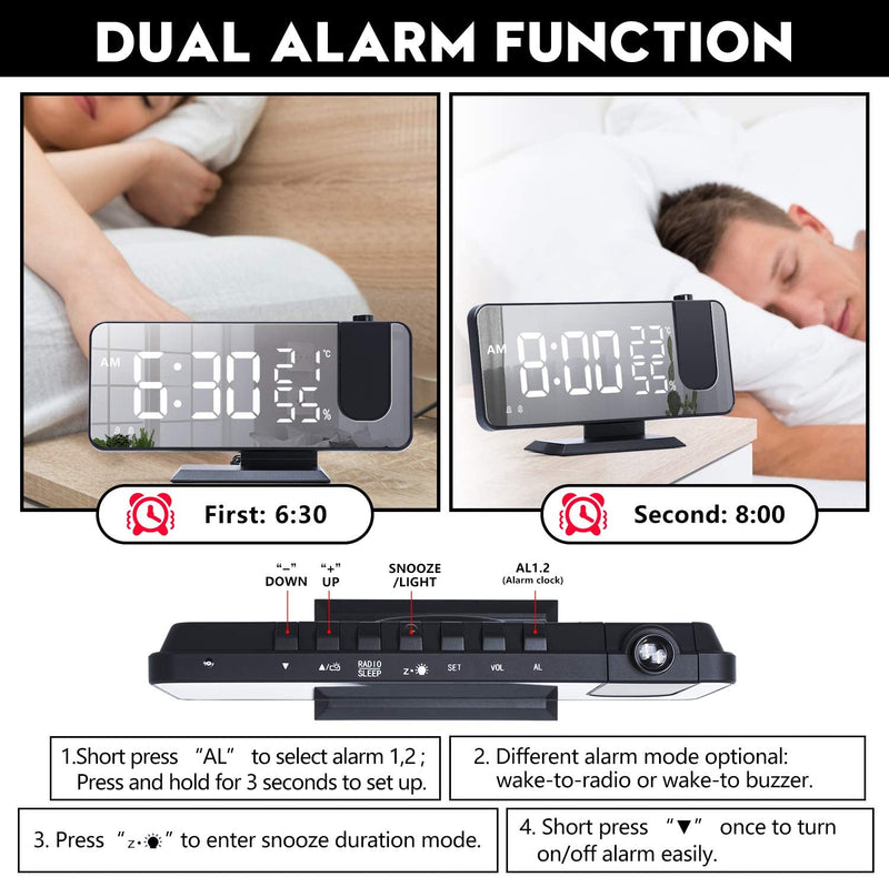 LED projection alarm clock showing dual alarm function with wake-up times set for 6:30 and 8:00.