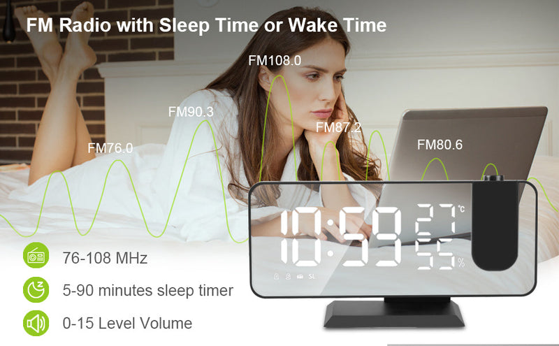 Young woman using FM radio clock with digital display for sleep timer and wake time settings.