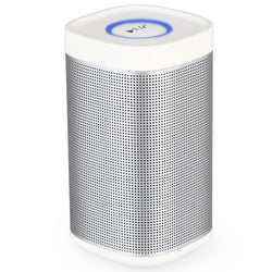 White wireless portable 360° Bluetooth speaker with rugged design and playback controls on top.