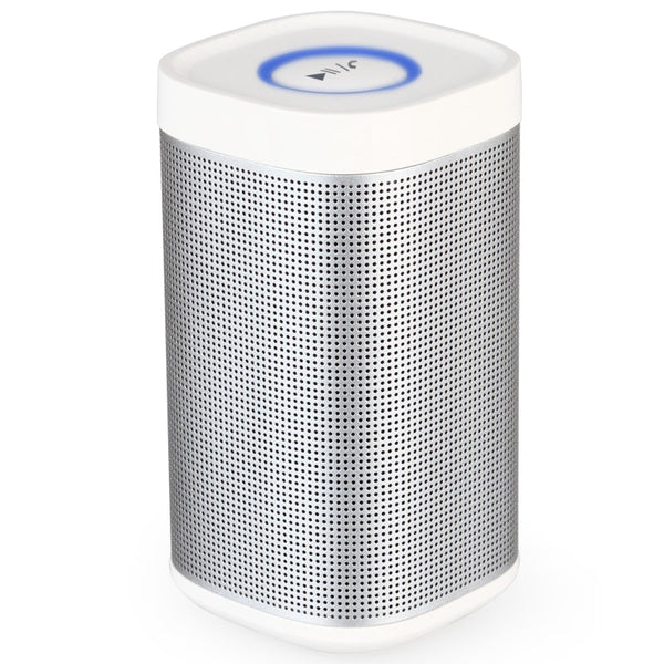 White wireless portable 360° Bluetooth speaker with rugged design and playback controls on top.