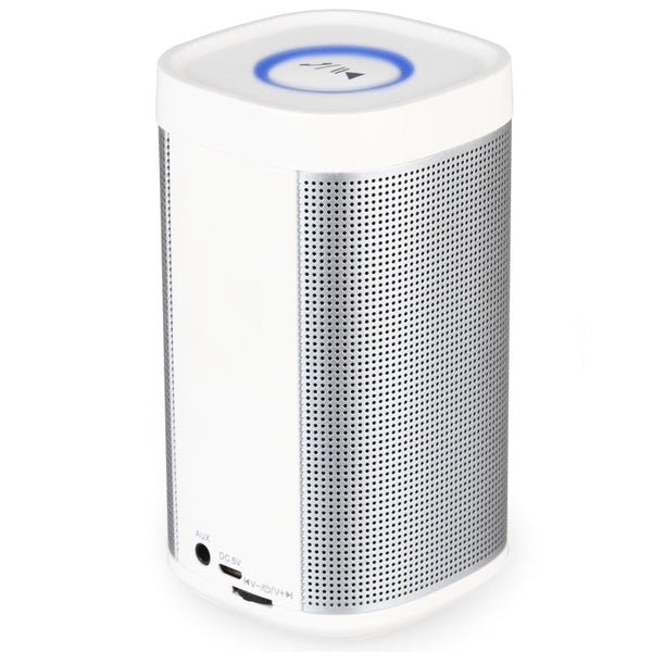 Wireless portable 360° Bluetooth universal speaker in white, featuring durable design and user-friendly controls.