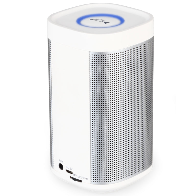 Wireless portable 360° Bluetooth universal speaker in white, featuring durable design and user-friendly controls.