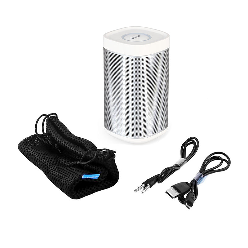 Wireless portable 360° Bluetooth speaker in white with charging cables and a carrying pouch.