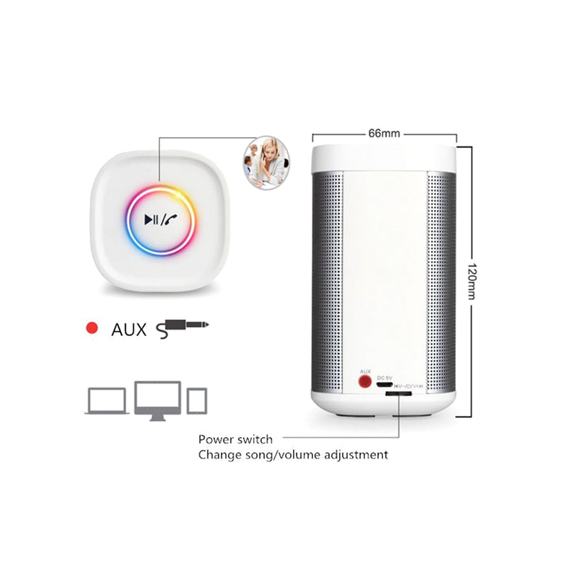 Wireless portable 360° Bluetooth speaker with power switch and AUX port, showing dimensions and controls.