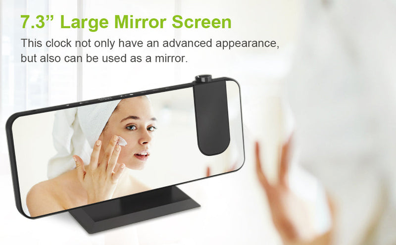 7.3-inch large mirror screen alarm clock with a sleek design, showcasing its advanced features and functionality.