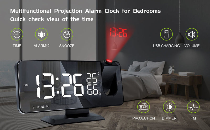 Multifunctional projection alarm clock displaying time and features like USB charging, dimmer, and FM, perfect for bedrooms.